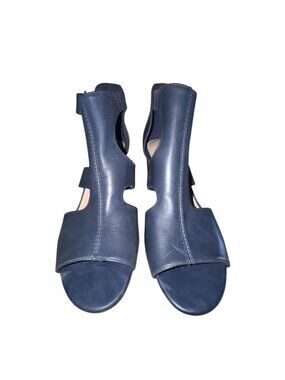Clarks Deva Heidi Navy Open-Toe Leather Block Heel Sandals US 8.5M